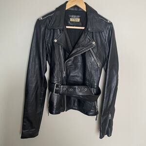 Le Spy Couture Embellished Leather Moto Biker Jacket Belted Collared Black S